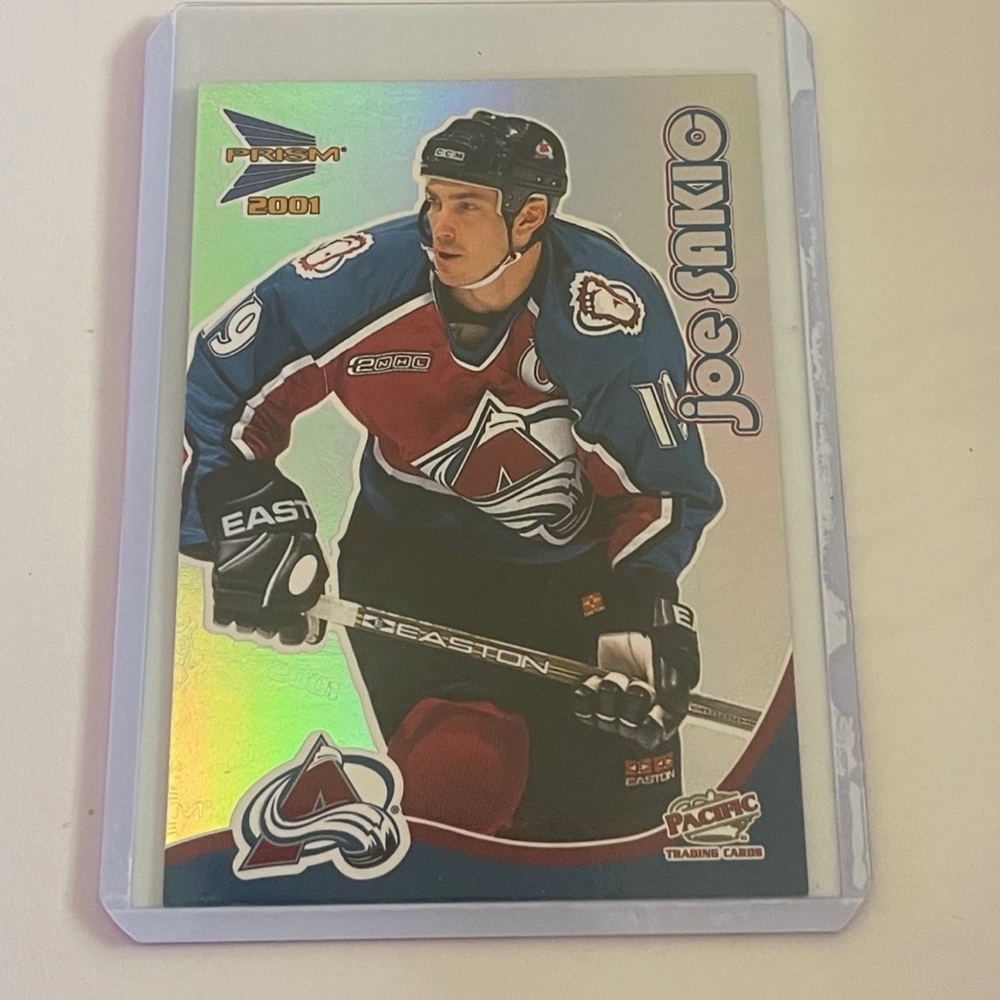 Joe Sakic Hockey Trading Card with Red and Blue Accents